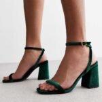 Dark Green Velvet 2 Part Block Heel Sandals