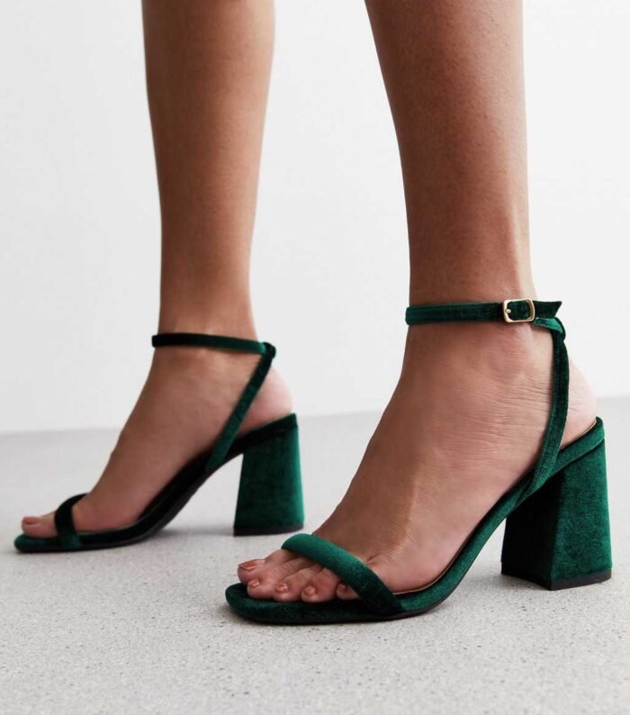 Dark Green Velvet 2 Part Block Heel Sandals - Image 2