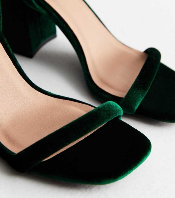Dark Green Velvet 2 Part Block Heel Sandals - Image 3