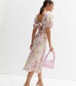 White Jacquard Floral Satin Tie Back Midi Dress - Image 3