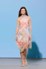 Limited Edition Multi-Colored Abstract Pattern Skater Halter Neck Tulle Knitted Dress Twoss26El00408