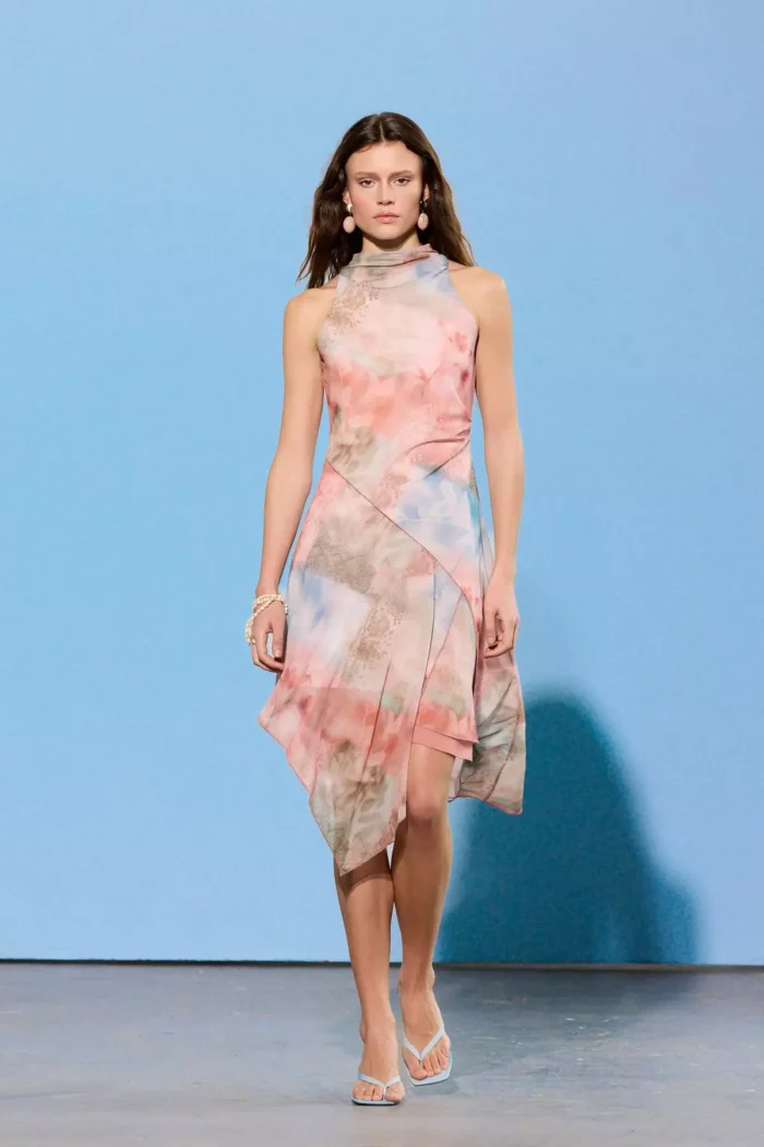 Limited Edition Multi-Colored Abstract Pattern Skater Halter Neck Tulle Knitted Dress Twoss26El00408 - Image 4