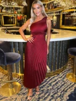 One Shoulder Pleated Satin Midi Dress - Red - Image 3