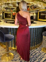 One Shoulder Pleated Satin Midi Dress - Red - Image 4