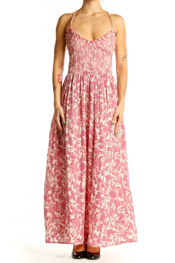 Pink Floral Smocked Maxi Dress - Image 3