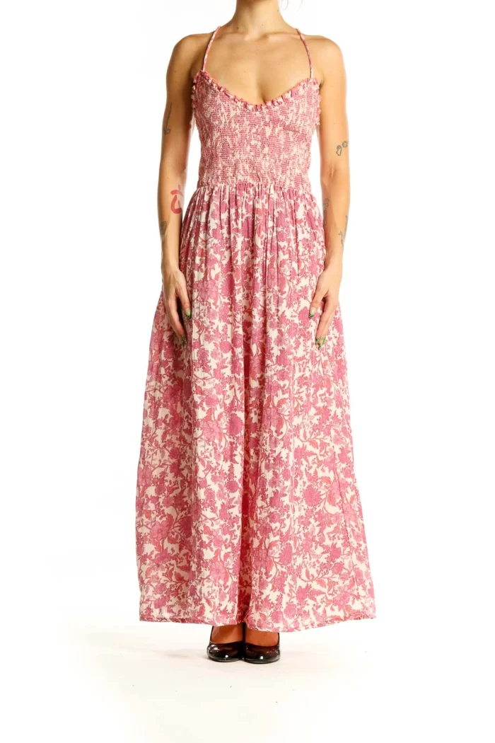 Pink Floral Smocked Maxi Dress - Image 4