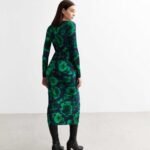 Green Floral Plissé Pleat Long Sleeve Dress