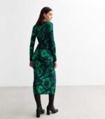 Green Floral Plissé Pleat Long Sleeve Dress