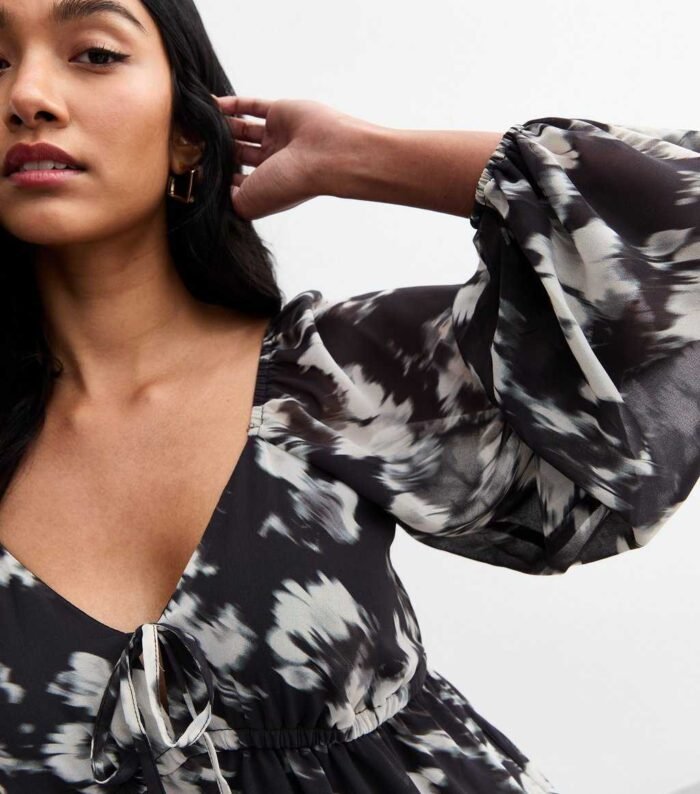 Black Blur Floral Print Chiffon Smock Mini Dress - Image 3