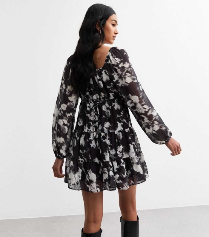 Black Blur Floral Print Chiffon Smock Mini Dress - Image 2