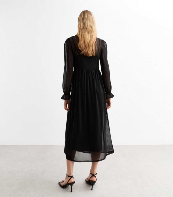 Black Mesh Long Sleeve Midi Smock Dress - Image 2