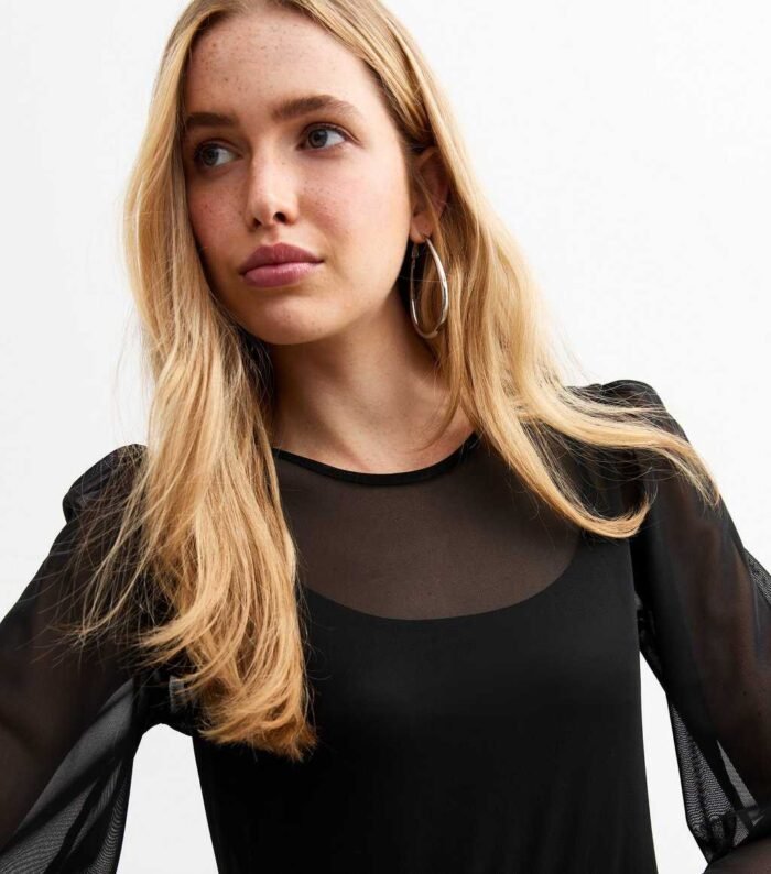 Black Mesh Long Sleeve Midi Smock Dress - Image 3