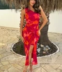 Pink And Orange Smudge Print One Shoulder Knot Skirt Midi Dress