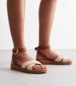 Wide Fit Tan Raffia 2 Part Chunky Sandals - Image 2