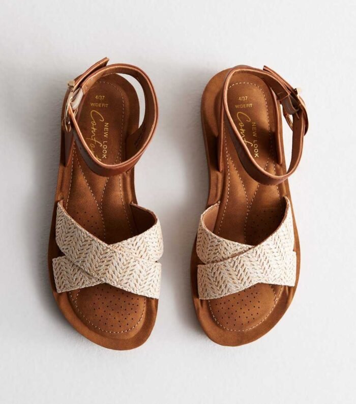 Wide Fit Tan Raffia 2 Part Chunky Sandals - Image 5