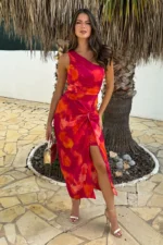 Pink And Orange Smudge Print One Shoulder Knot Skirt Midi Dress - Image 2