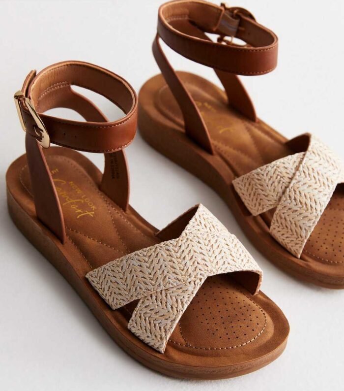 Wide Fit Tan Raffia 2 Part Chunky Sandals - Image 4