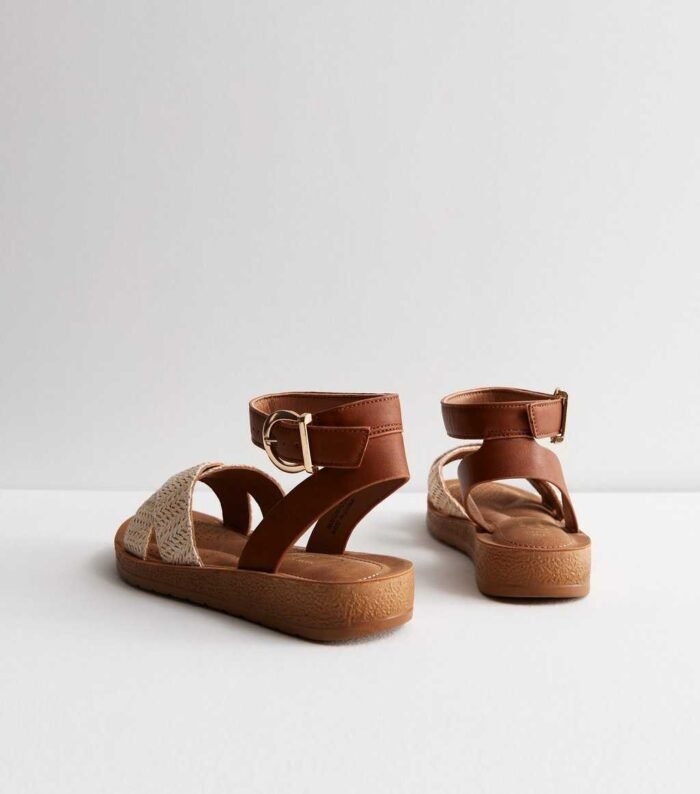 Wide Fit Tan Raffia 2 Part Chunky Sandals - Image 3