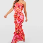 Floral Ruffle Chiffon Asymmetric Maxi Dress