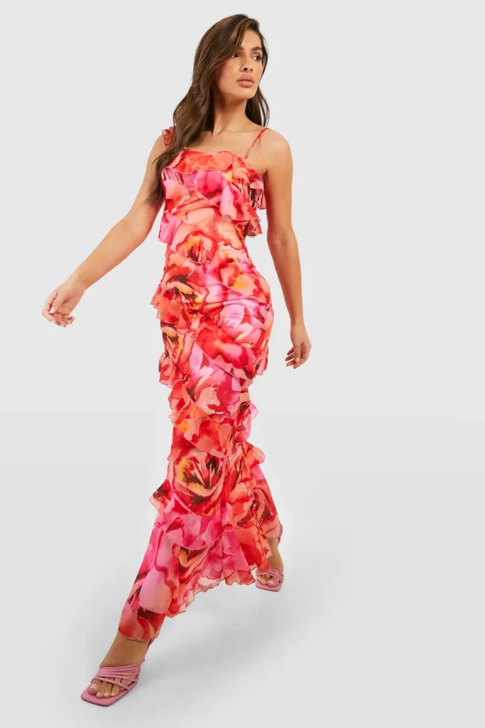 Floral Ruffle Chiffon Asymmetric Maxi Dress - Image 3