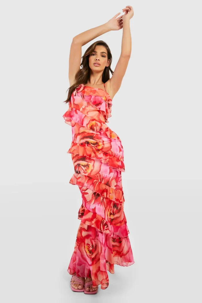 Floral Ruffle Chiffon Asymmetric Maxi Dress - Image 5