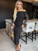 Lace Bardot Fold Over Top Long Sleeve Ruched Bodycon Midi Dress - Black