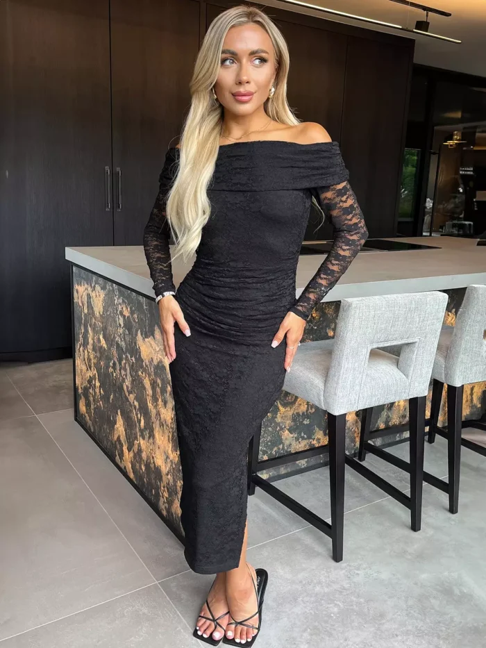 Lace Bardot Fold Over Top Long Sleeve Ruched Bodycon Midi Dress - Black - Image 2
