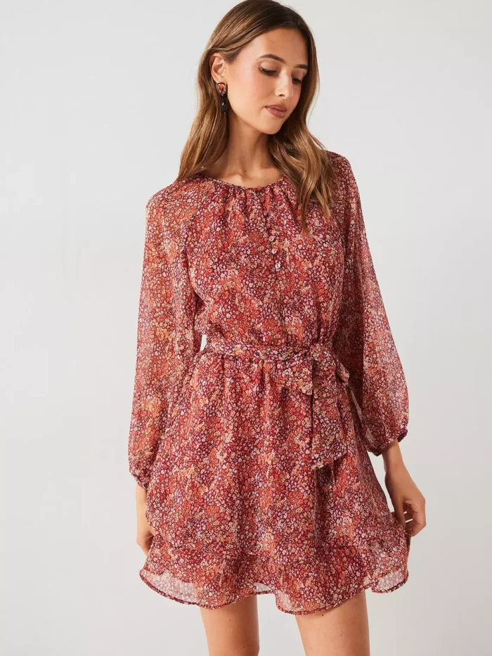 Floral Ruffle Mini Dress - Red - Image 3