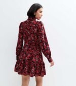 Red Floral Print High Collar Mini Shirt Dress - Image 2