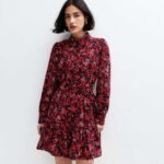 Red Floral Print High Collar Mini Shirt Dress