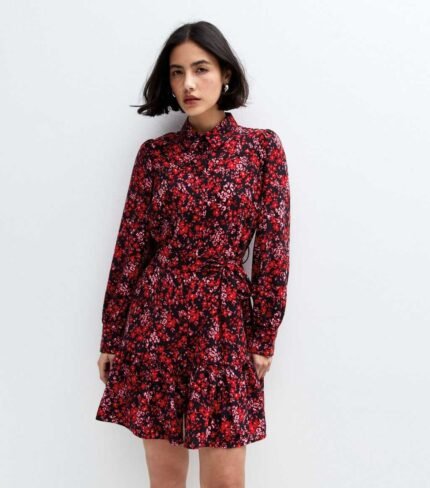 Red Floral Print High Collar Mini Shirt Dress