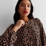 Petite Brown Leopard Print Jersey Mini Smock Dress
