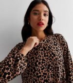 Petite Brown Leopard Print Jersey Mini Smock Dress