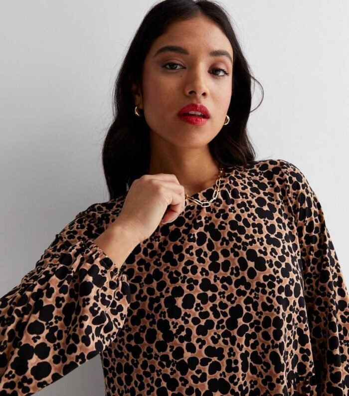 Petite Brown Leopard Print Jersey Mini Smock Dress - Image 3