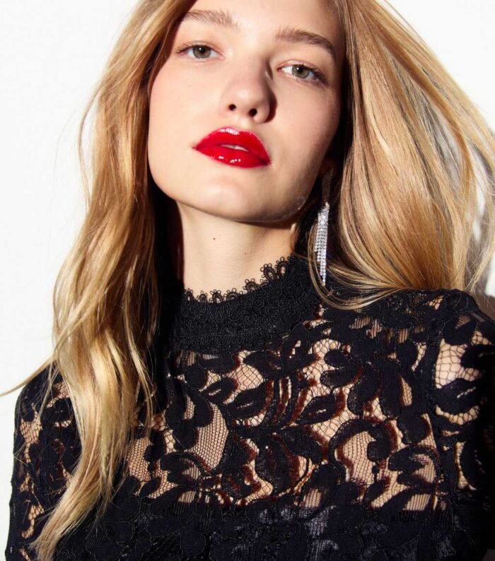 Black Lace High Neck Long Sleeve Mini Dress - Image 2
