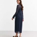 Navy Mesh Long Sleeve Midi Smock Dress