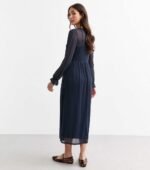 Navy Mesh Long Sleeve Midi Smock Dress
