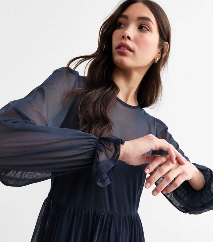 Navy Mesh Long Sleeve Midi Smock Dress - Image 3