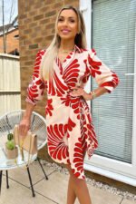 Burnt Orange Abstract Print Gathered Wrap Shirt Mini Dress - Image 4