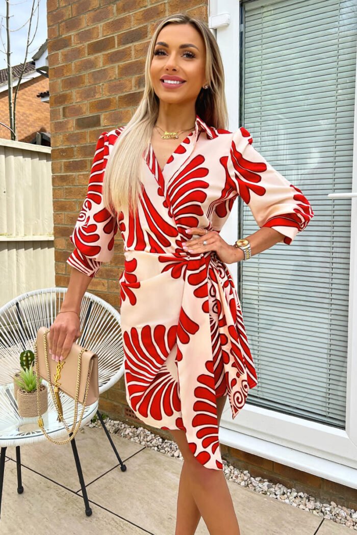 Burnt Orange Abstract Print Gathered Wrap Shirt Mini Dress - Image 4
