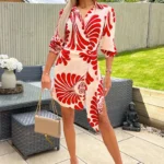 Burnt Orange Abstract Print Gathered Wrap Shirt Mini Dress