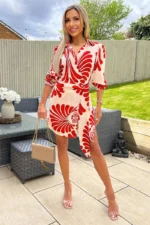 Burnt Orange Abstract Print Gathered Wrap Shirt Mini Dress