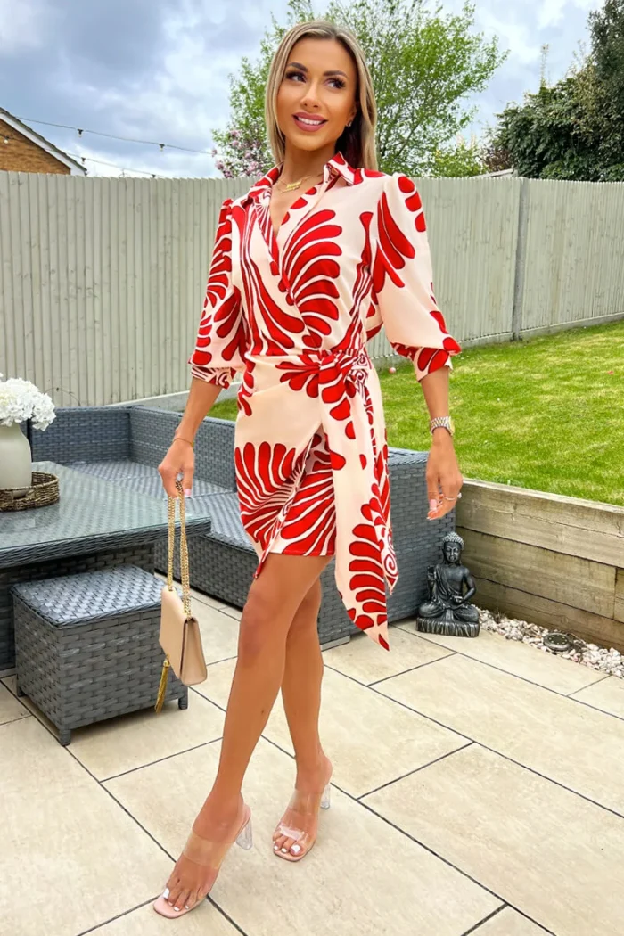 Burnt Orange Abstract Print Gathered Wrap Shirt Mini Dress - Image 2
