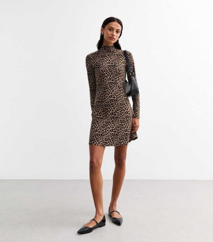 Brown Leopard Print Long Sleeve Mini Dress - Image 4