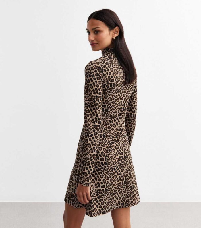 Brown Leopard Print Long Sleeve Mini Dress - Image 2