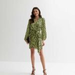 Yellow Heart Print Long Sleeve Tie Waist Mini Dress