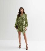 Yellow Heart Print Long Sleeve Tie Waist Mini Dress