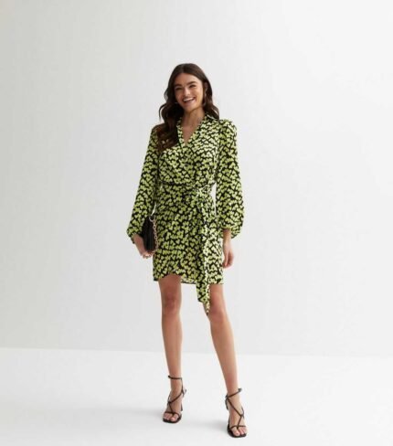 Yellow Heart Print Long Sleeve Tie Waist Mini Dress
