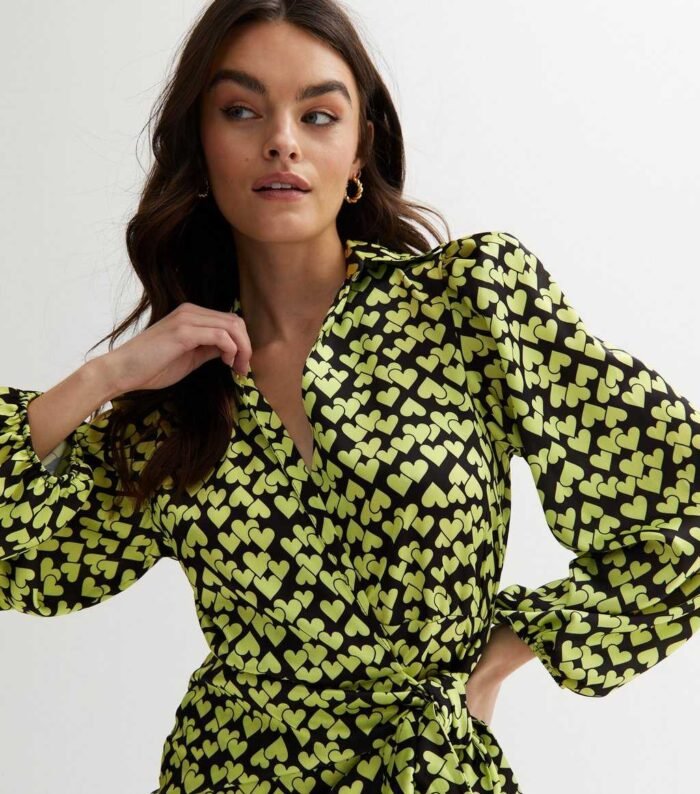 Yellow Heart Print Long Sleeve Tie Waist Mini Dress - Image 3