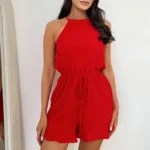 Red Halter Neck Tie Waist Playsuit